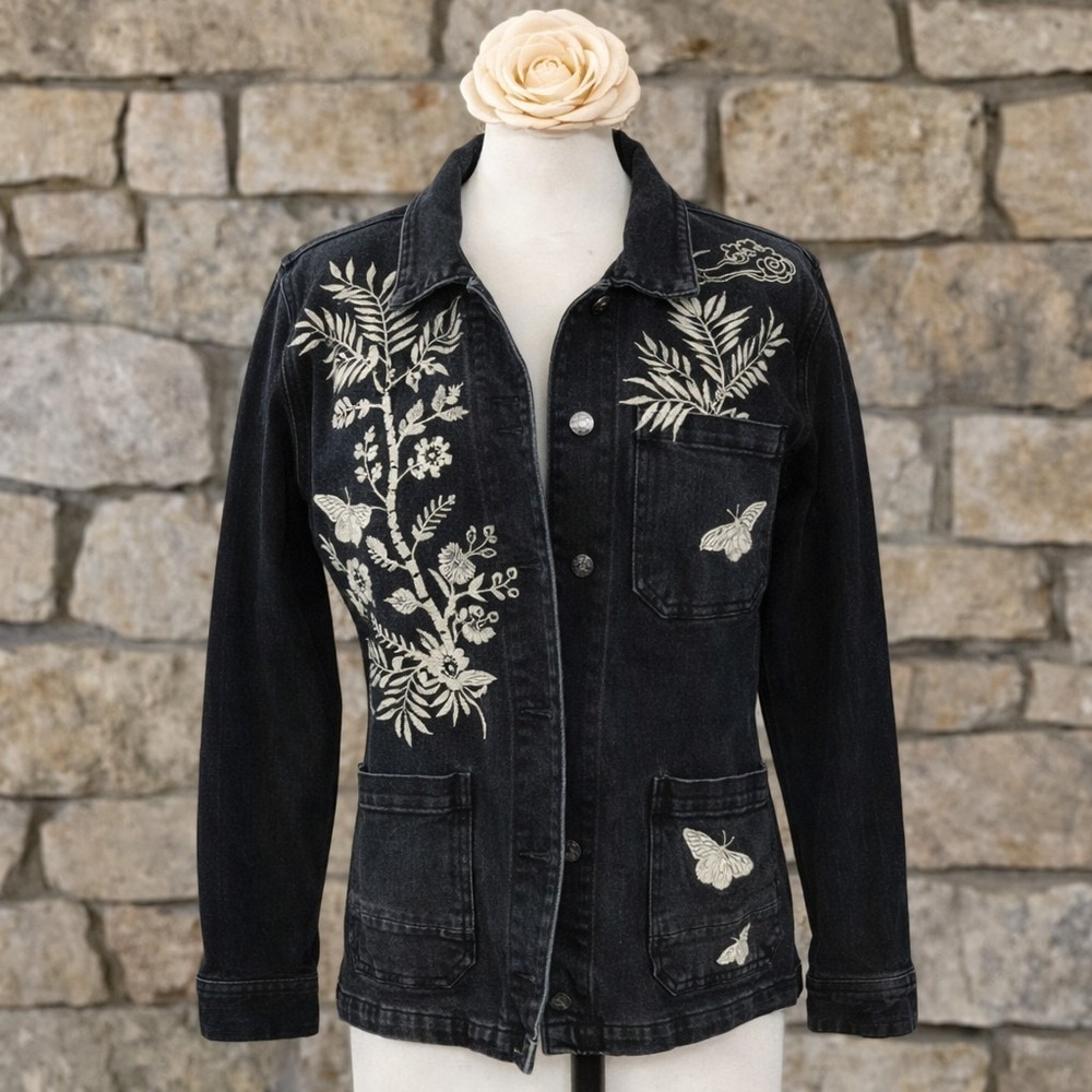 Johnny Was‎ Artsy Boho Butterfly Embroidered Black Denim Jacket Worker Coat S